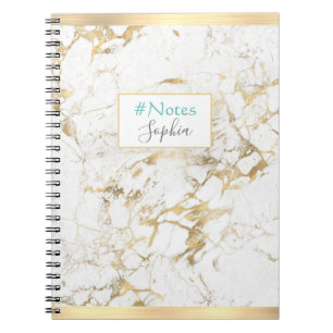 Elegant Gold/White Marble, Gold Bars, Name & Title Notebook