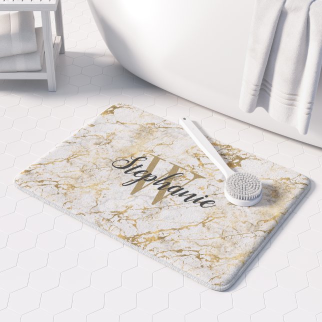 Elegant Gold White Marble Monogram Script Bath Mat (Creator Uploaded)