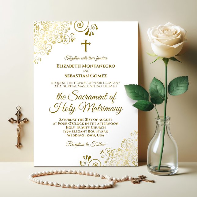 Elegant Gold & White Modern Catholic Wedding Invitation (Creator Uploaded)