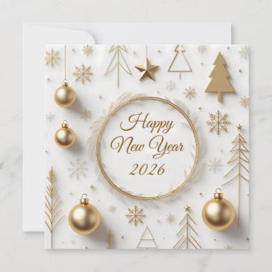Elegant Gold & White Modern Happy New Year 2026 Holiday Card