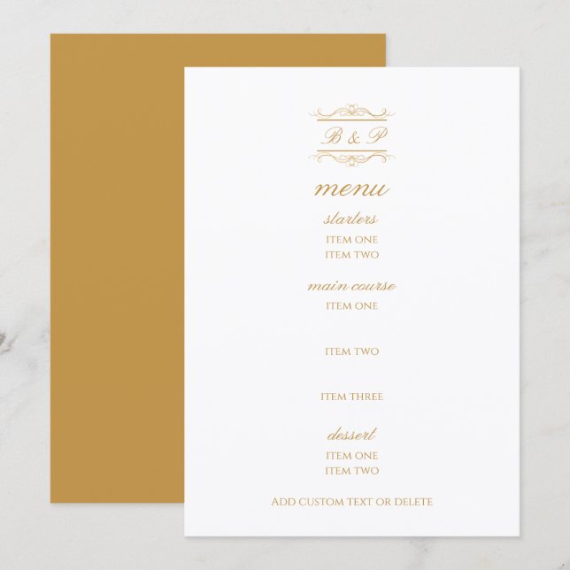 Elegant Gold & White Monogram Wedding Menu Card (Front/Back)