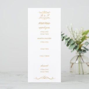 Elegant Gold & White Monogram Wedding Menu Card