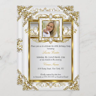 Elegant Gold White Pearl Damask Photo Birthday 4a Invitation
