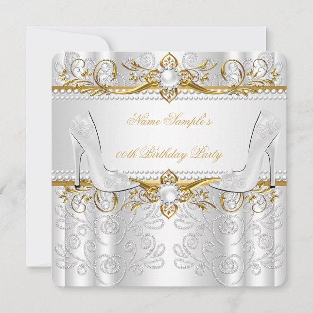 Elegant Gold White Pearl Diamond High Heels Party Invitation (Front)