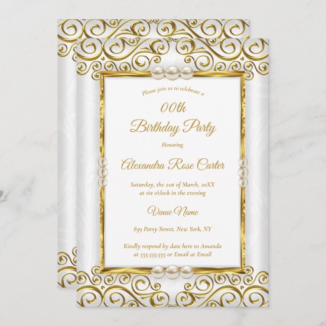 Elegant Gold White Pearl Photo Birthday Party Invitation (Front/Back)