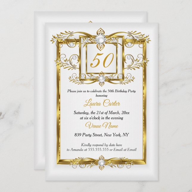Elegant Gold White Pearl Photo Birthday party Invitation (Front/Back)