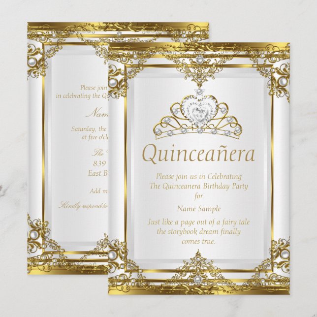 Elegant Gold White Pearl Princess Quinceanera Invitation (Front/Back)
