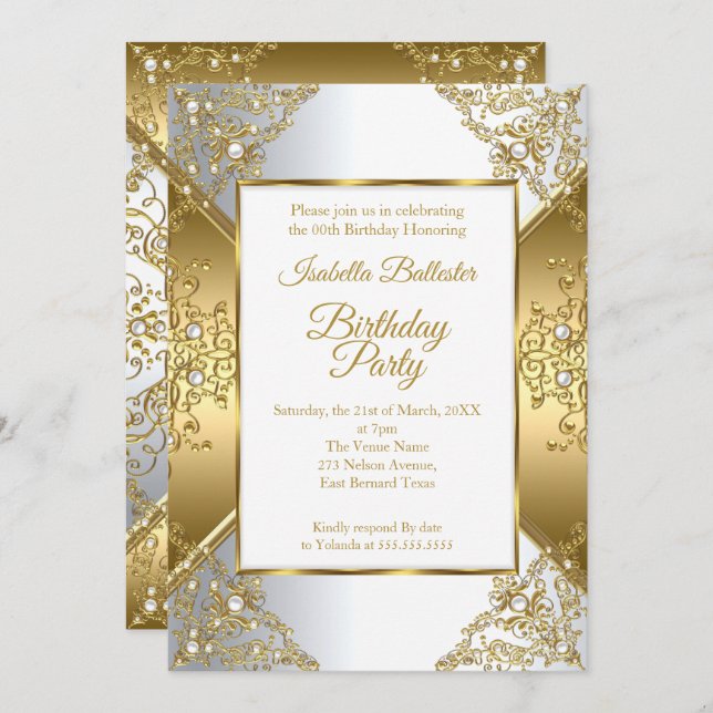 Elegant Gold White Pearl Silver Birthday Party Invitation (Front/Back)