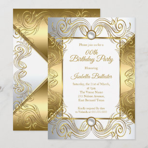 Elegant Gold White Pearl Silver swirl birthday Invitation