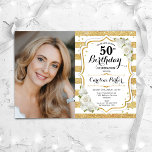 Elegant Gold White Photo 50th Birthday Invitation<br><div class="desc">Elegant floral feminine 50th birthday invitation with your photo. Glam white design with faux glitter gold. Features stripes, white roses, script font and confetti. Perfect for a stylish adult bday celebration party. Personalise with your own details. Can be customised for any age! Printed Zazzle invitations or instant download digital printable...</div>