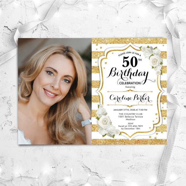 Elegant Gold White Photo 50th Birthday Invitation (Creator Uploaded)