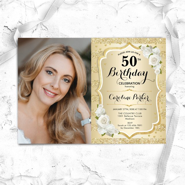 Elegant Gold White Photo 50th Birthday Invitation (Creator Uploaded)