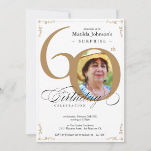 Elegant Gold White Photo Surprise 60th Birthday Invitation
