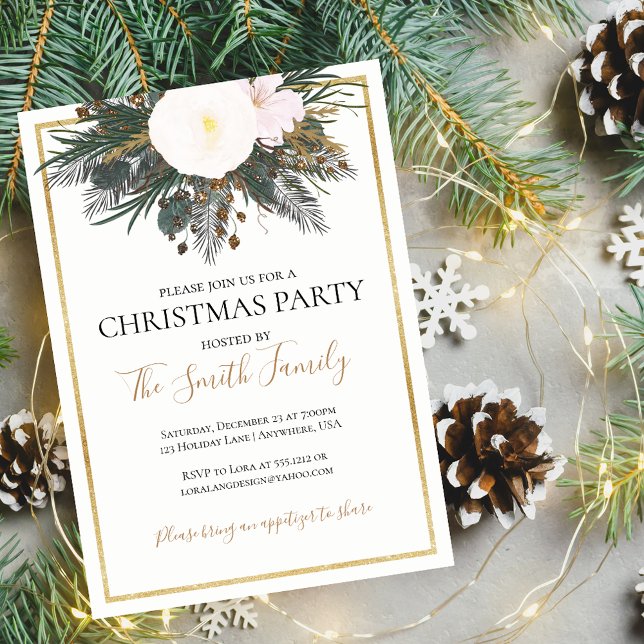 Elegant Gold White Pine Christmas Party Invitation (Creator Uploaded)