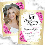 Elegant Gold White Pink Photo 50th Birthday Invitation<br><div class="desc">Elegant floral feminine 50th birthday invitation with your photo at the back of the card. Glam design with faux gold. Features pink roses, script font and confetti. Perfect for a stylish adult bday celebration party. Personalise with your own details. Can be customised for any age! Printed Zazzle invitations or instant...</div>