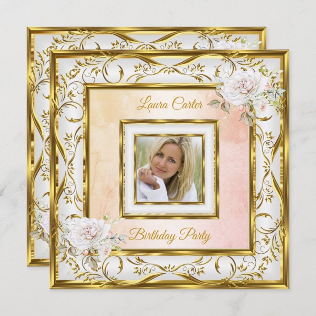Elegant Gold White Pink Rose Photo Birthday Party Invitation (Front/Back)