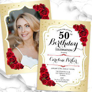 Elegant Gold White Red Photo 50th Birthday Invitation