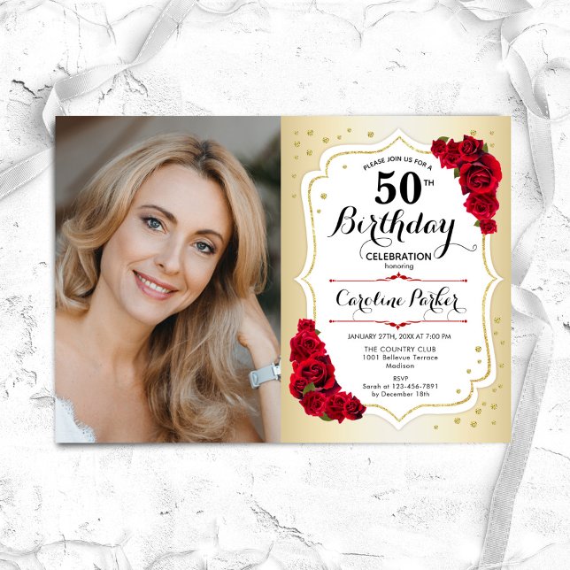 Elegant Gold White Red Roses Photo 50th Birthday Invitation (Creator Uploaded)