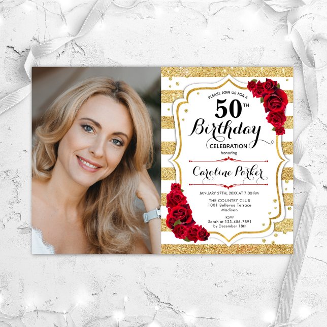 Elegant Gold White Red Roses Photo 50th Birthday Invitation (Creator Uploaded)