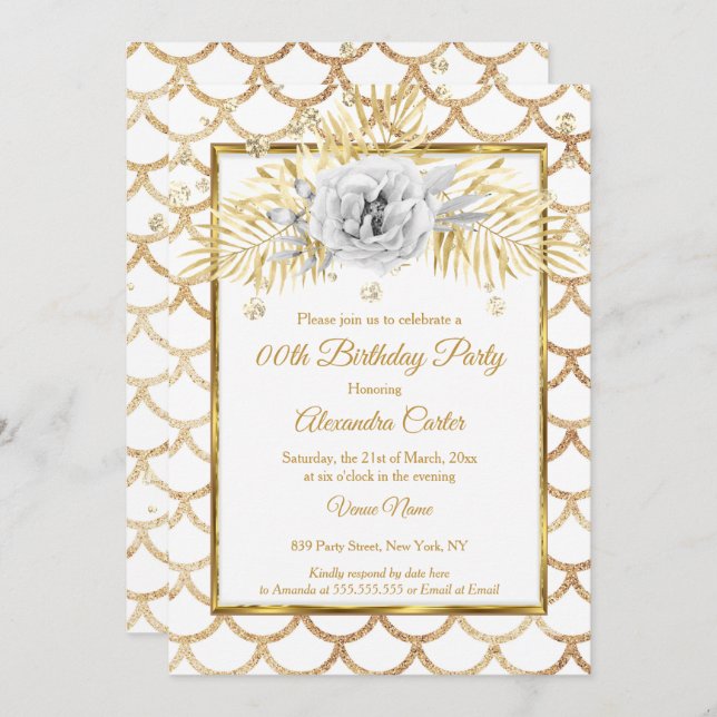 Elegant Gold white Rose Floral Birthday Party Invitation (Front/Back)