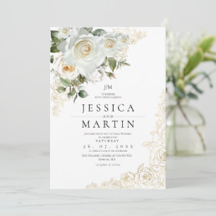 Elegant Gold White Rose Garden Wedding Invitation