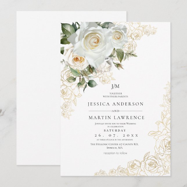 Elegant Gold White Rose Wedding  Invitation (Front/Back)