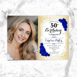 Elegant Gold White Royal Blue Photo 50th Birthday Invitation<br><div class="desc">Elegant floral feminine 50th birthday invitation with your photo. Glam design with faux gold. Features royal blue roses,  script font and confetti. Perfect for a stylish adult bday celebration party. Personalise with your own details. Can be customised for any age! Printed Zazzle invitations or instant download digital printable template.</div>