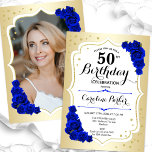 Elegant Gold White Royal Blue Photo 50th Birthday Invitation<br><div class="desc">Elegant floral feminine 50th birthday invitation with your photo at the back of the card. Glam design with faux gold. Features royal blue roses, script font and confetti. Perfect for a stylish adult bday celebration party. Personalise with your own details. Can be customised for any age! Printed Zazzle invitations or...</div>