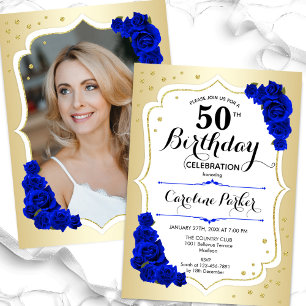 Elegant Gold White Royal Blue Photo 50th Birthday Invitation