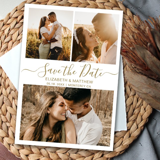 Elegant Gold White Script Photo Collage Wedding Save The Date (Creator Uploaded)