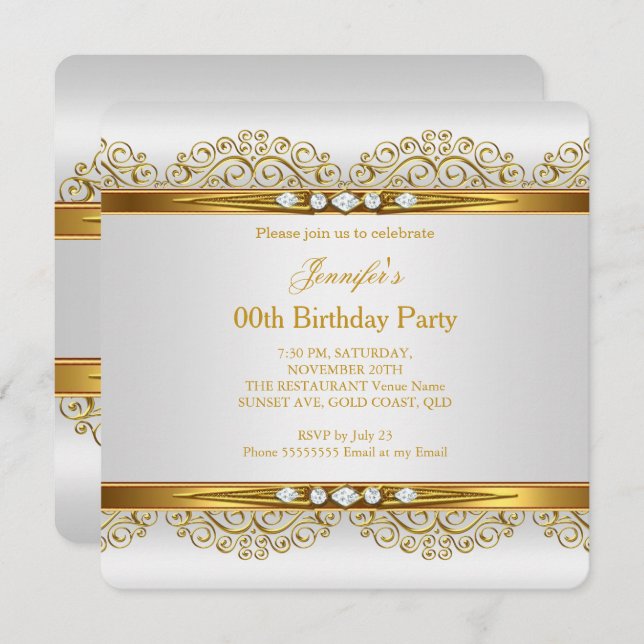 Elegant Gold White Silver Diamond Birthday Party 2 Invitation (Front/Back)