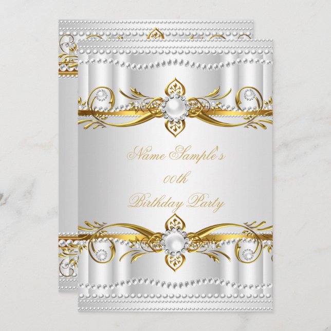 Elegant Gold White Silver Pearl Silk Birthday 3 Invitation (Front/Back)