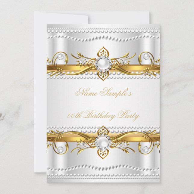 Elegant Gold White Silver Pearl Silk Birthday Invitation (Front)
