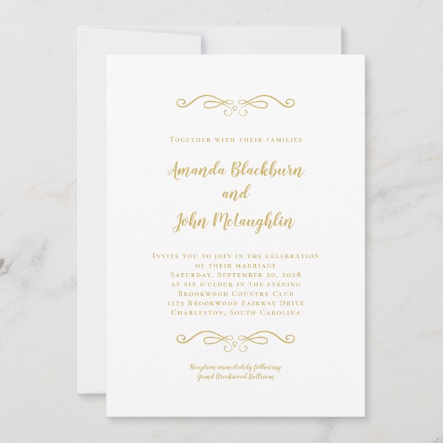 Elegant Gold White Timeless Formal Chic Wedding Invitation (Front)