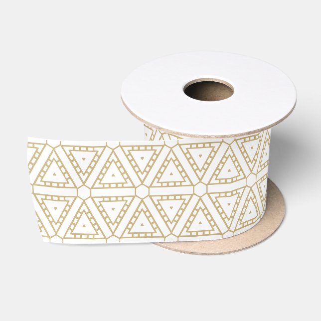 Elegant gold white triangular geometric pattern satin ribbon (Spool)