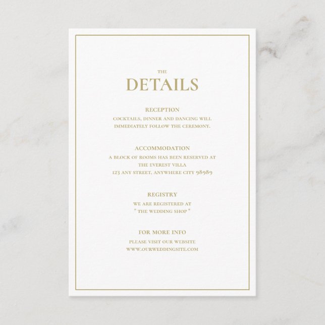 Elegant Gold & White Wedding Detail Enclosure Card (Front)