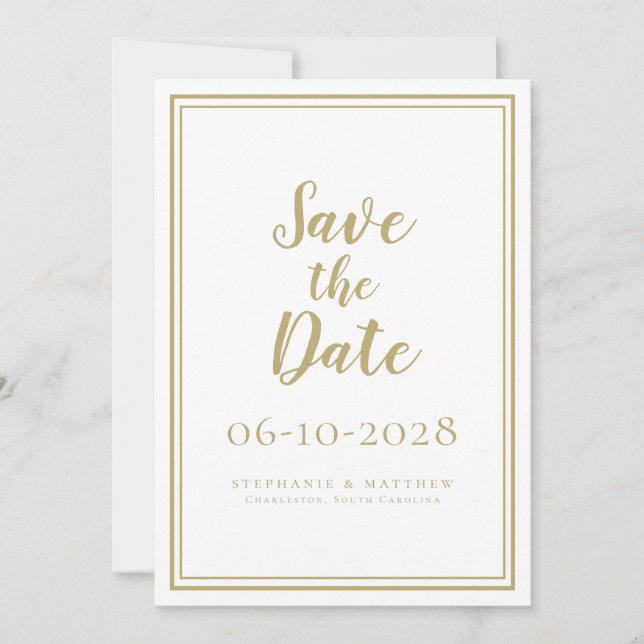 Elegant Gold & White Wedding Script Simple Modern Save The Date (Front)