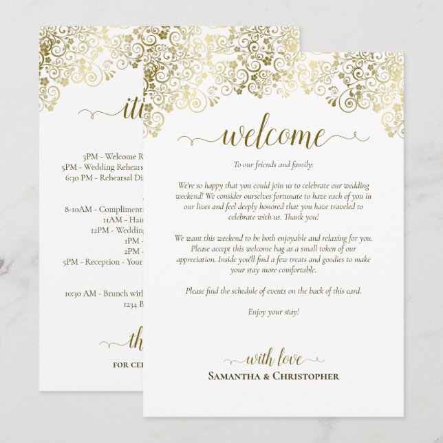 Elegant Gold & White Wedding Welcome & Itinerary Programme (Front/Back)