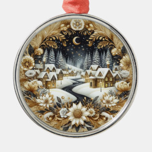 Elegant Gold & White Winter Village Christmas Metal Tree Decoration