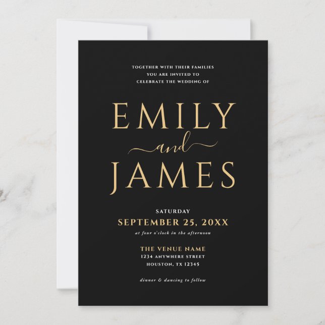 Elegant Gold White Writing QR Code Wedding Black Invitation (Front)
