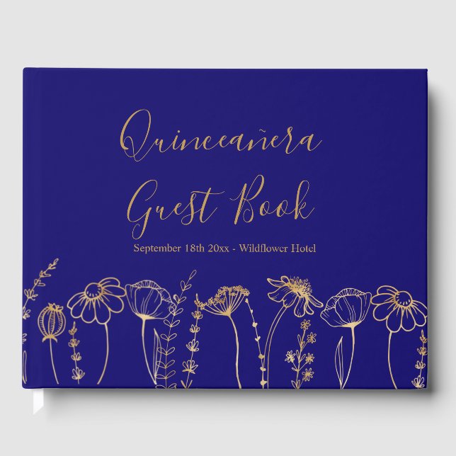 Elegant Gold Wildflower Sketch Blue Quinceanera Guest Book (Front)