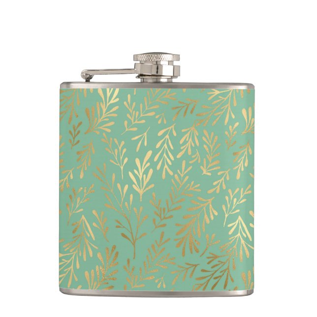 Elegant Gold Willow Pattern on Teal Hip Flask (Front)