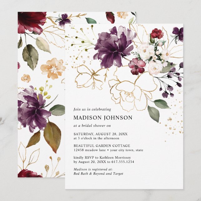 Elegant Gold Wine Burgundy Floral Bridal Shower Invitation (Front/Back)