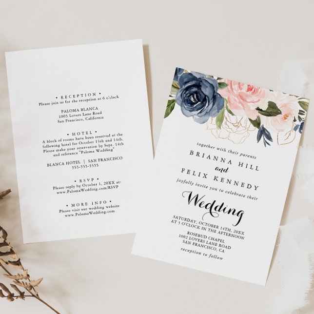 Elegant Gold Winter Floral Front & Back Wedding Invitation (Creator Uploaded)