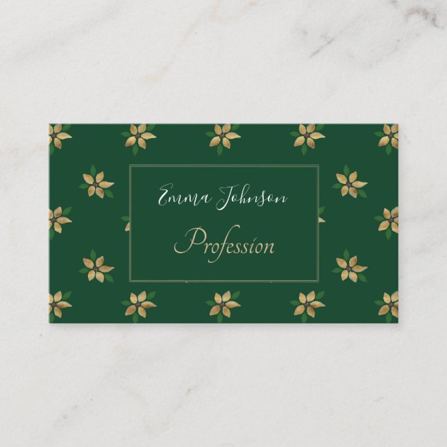 Elegant Gold Winter Flower Green Pattern Business Card (Front)