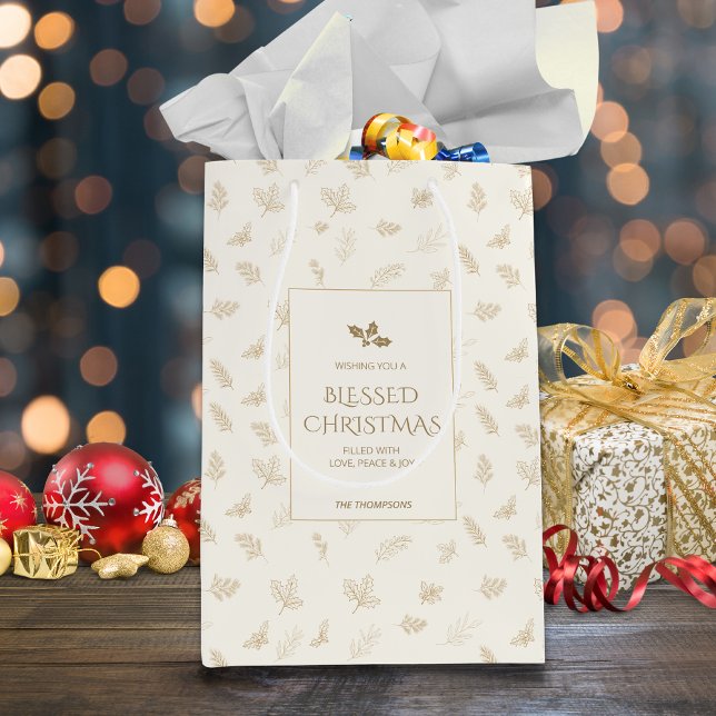 Elegant Gold Winter Leaves Mistletoe Medium Gift Bag (Creator Uploaded)