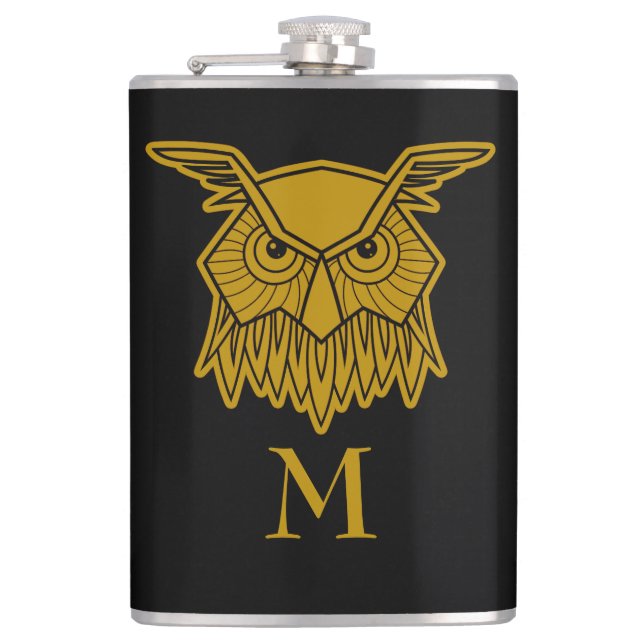Elegant Gold Wise Owl Monogrammed Custom Hip Flask (Front)