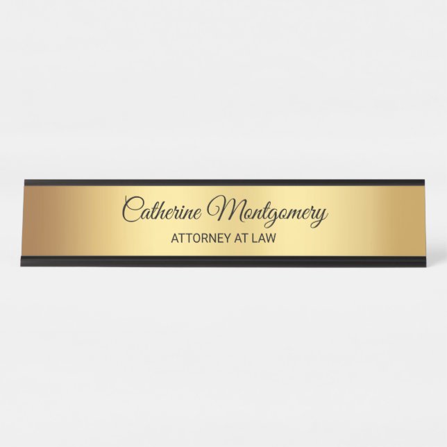 Elegant Gold with Black Script Typography Lawyer Desk Name Plate (Front)