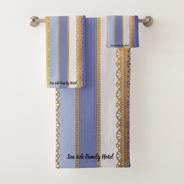 Elegant Gold with blue and white Stripe Bath Towel Set (Insitu)