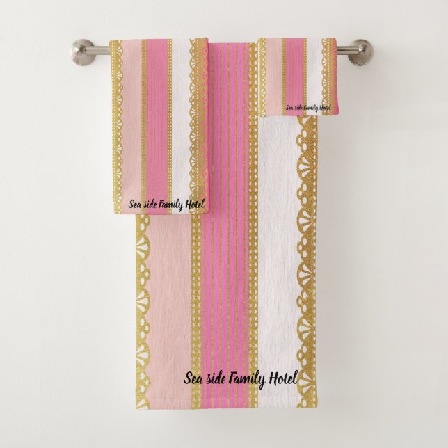 Elegant Gold with pink and white Stripe Bath Towel Set (Insitu)
